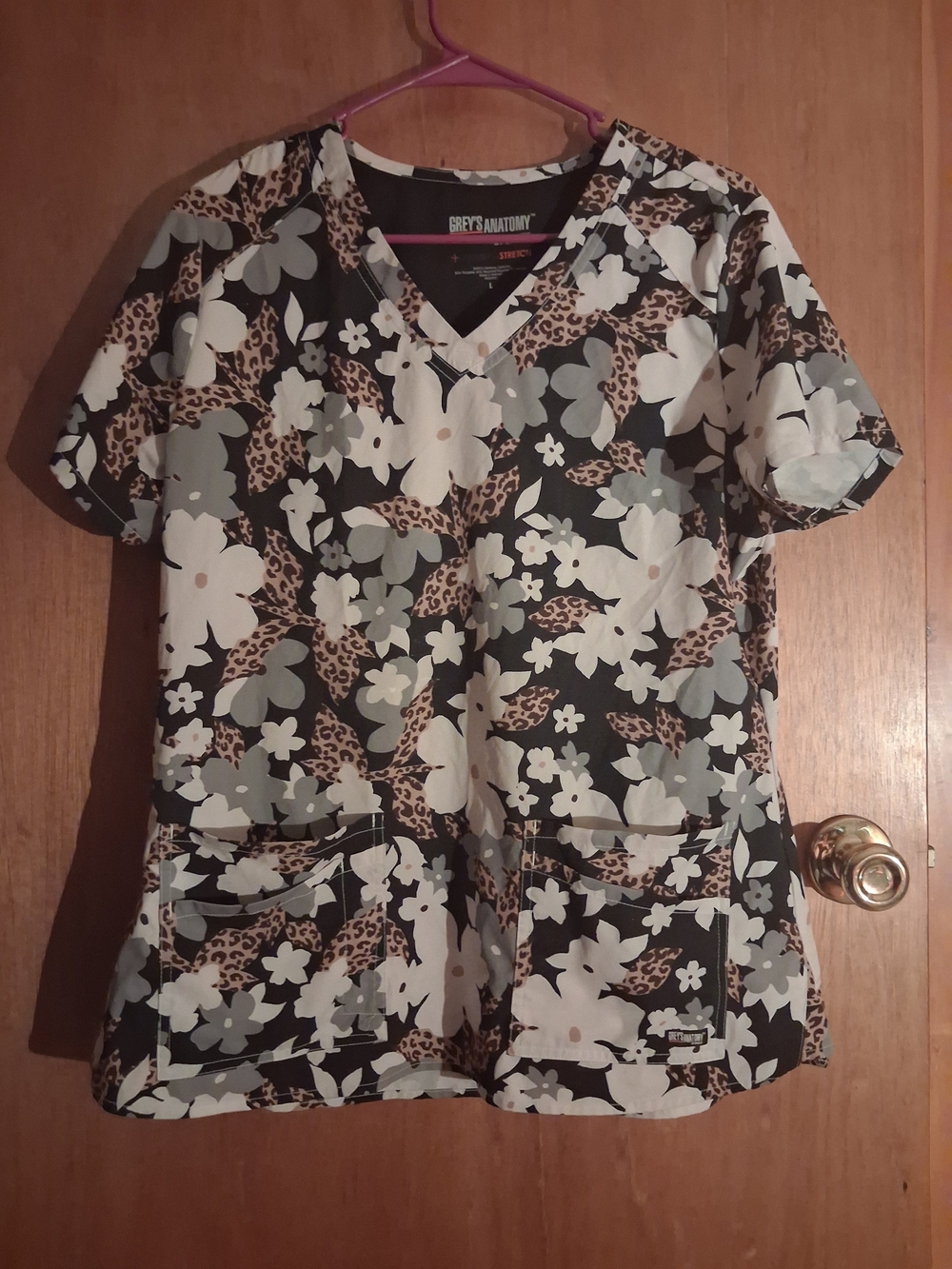 Grey's Anatomy Black Floral & Leopard Print Scrub Top - Picture 1 of 1